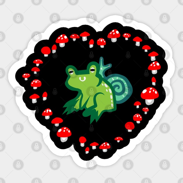 Red Mushroom Heart with Frog and Snail "Goblincore Snuggles" Sticker by Boreal-Witch